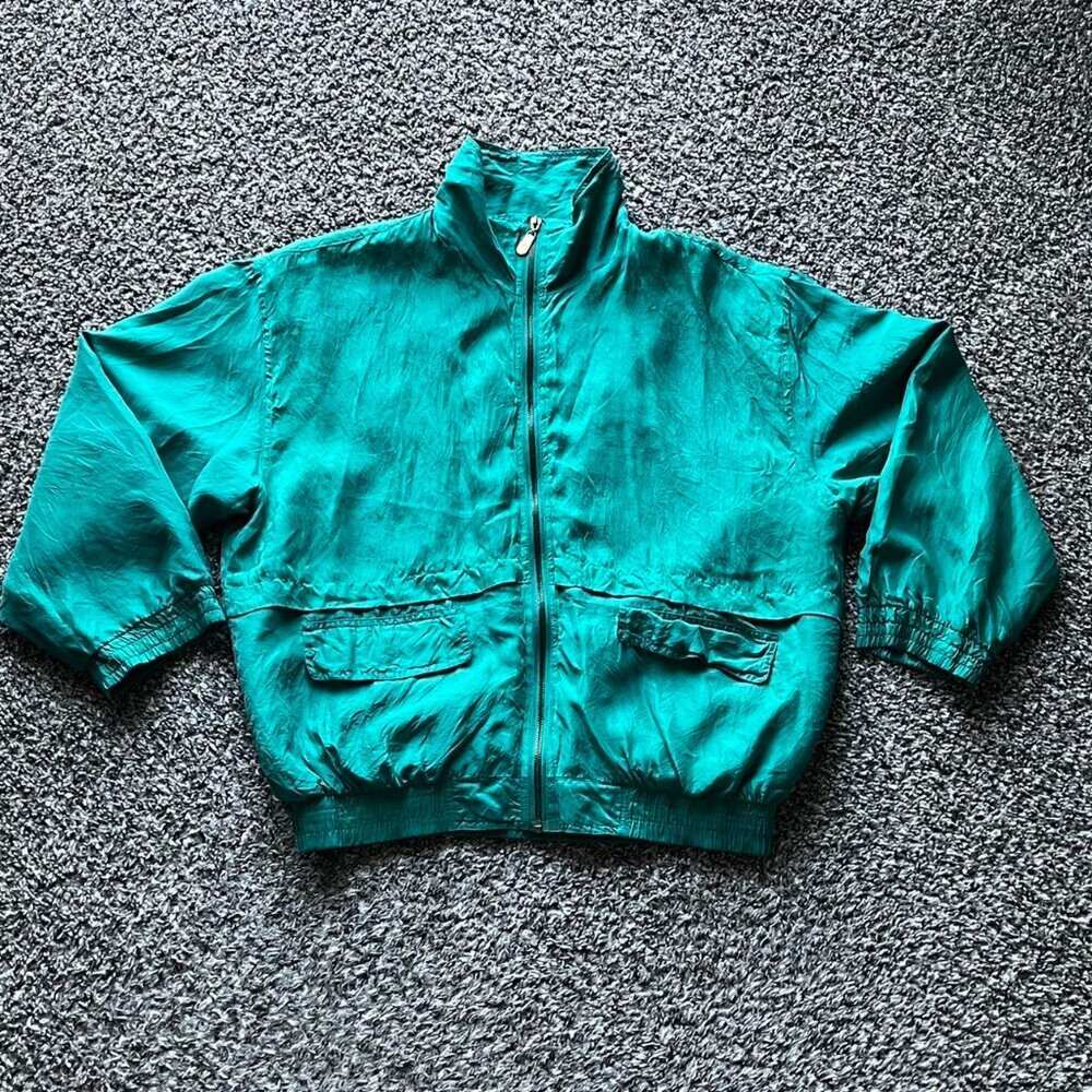 Vintage 100% Silk Fuda Intl Windbreaker Womens Medium Green Retro Cottagecore